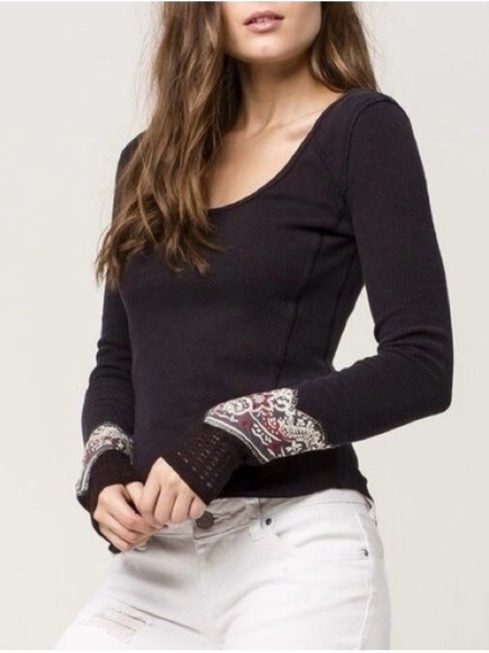 We The Free Black Scoop-Neck Long Sleeve Top with Patterned Cuffs